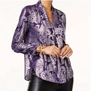 NEW Michael Kors Purple Silver Metallic Bell Sleeve Paisley Blouse Top Size M